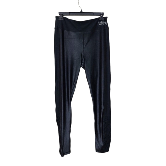 bebe Pants - Bebe Sport Black Faux Leather Leggings Womens L Rhinestone‎ Logo Rockstar Glam